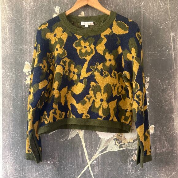 RAMY BROOK Sandi Jacquard Knit Floral Sweater Blue and Gold Size Large - Picture 5 of 10